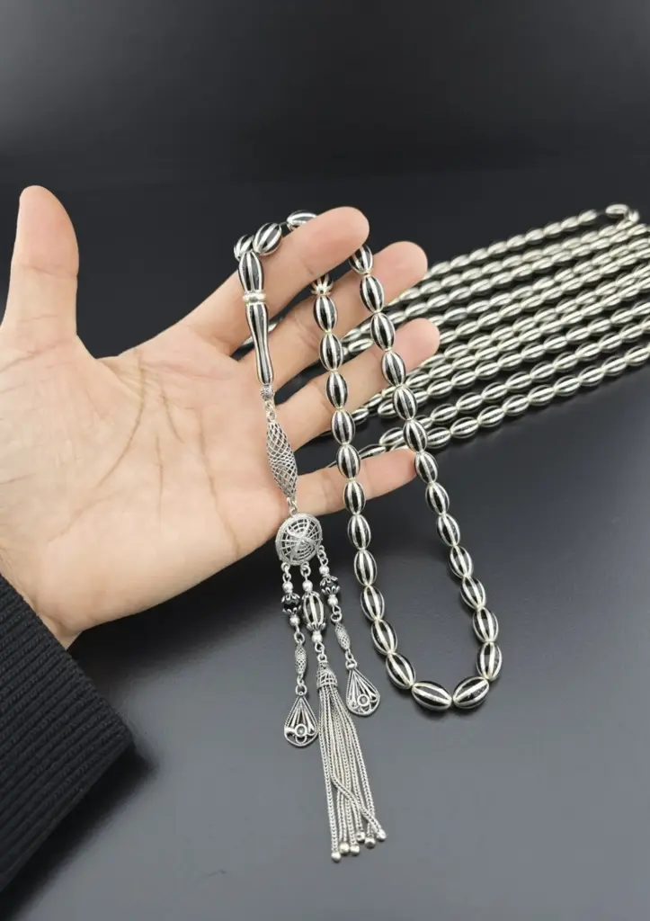 Oltu Analogy Oppressed Light Master Work Enamel Embroidered Full Silver Cage Rosary — 12×8 mm